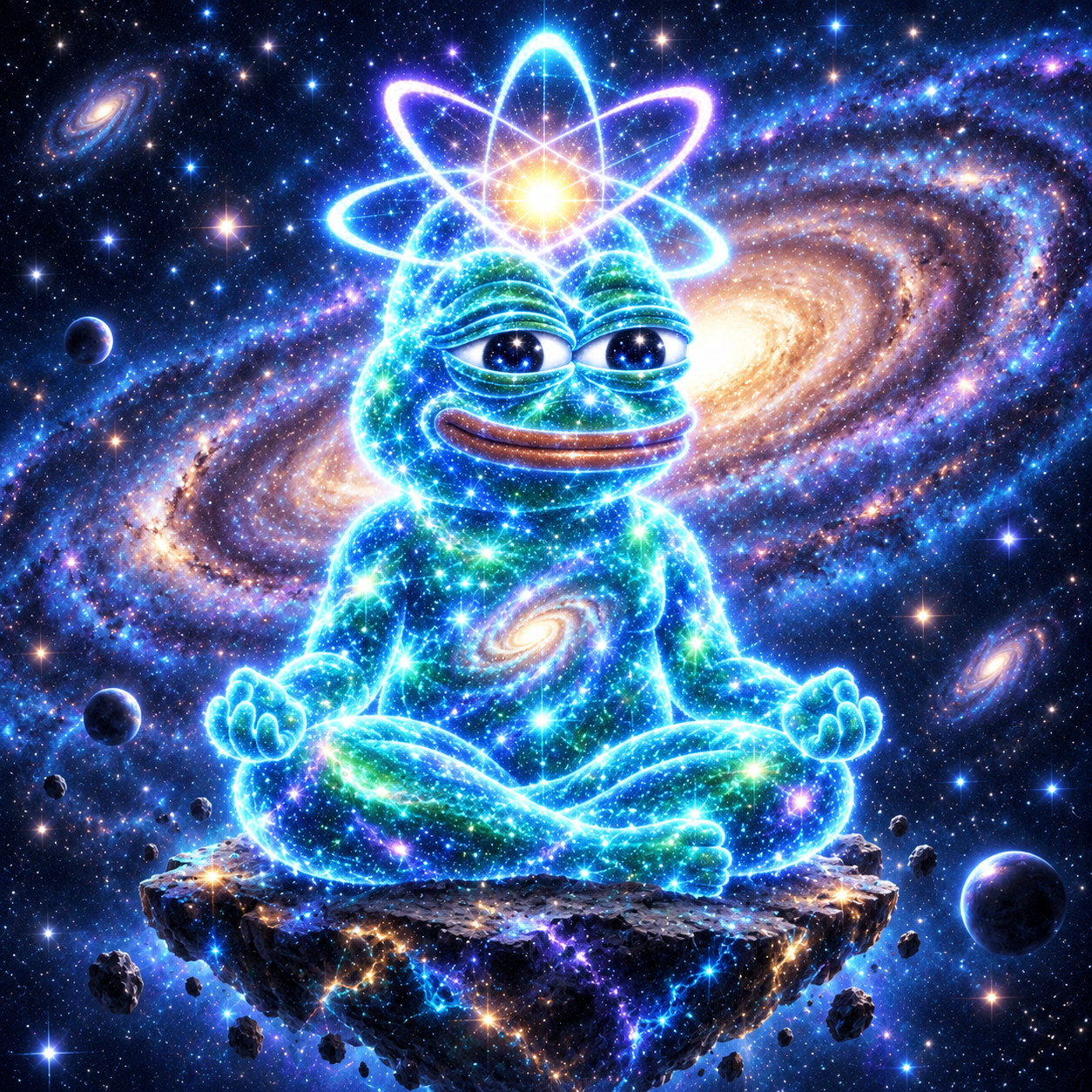 Star-filled Pepe meditating on a celestial rock with glowing atomic halos and a galaxy behind him