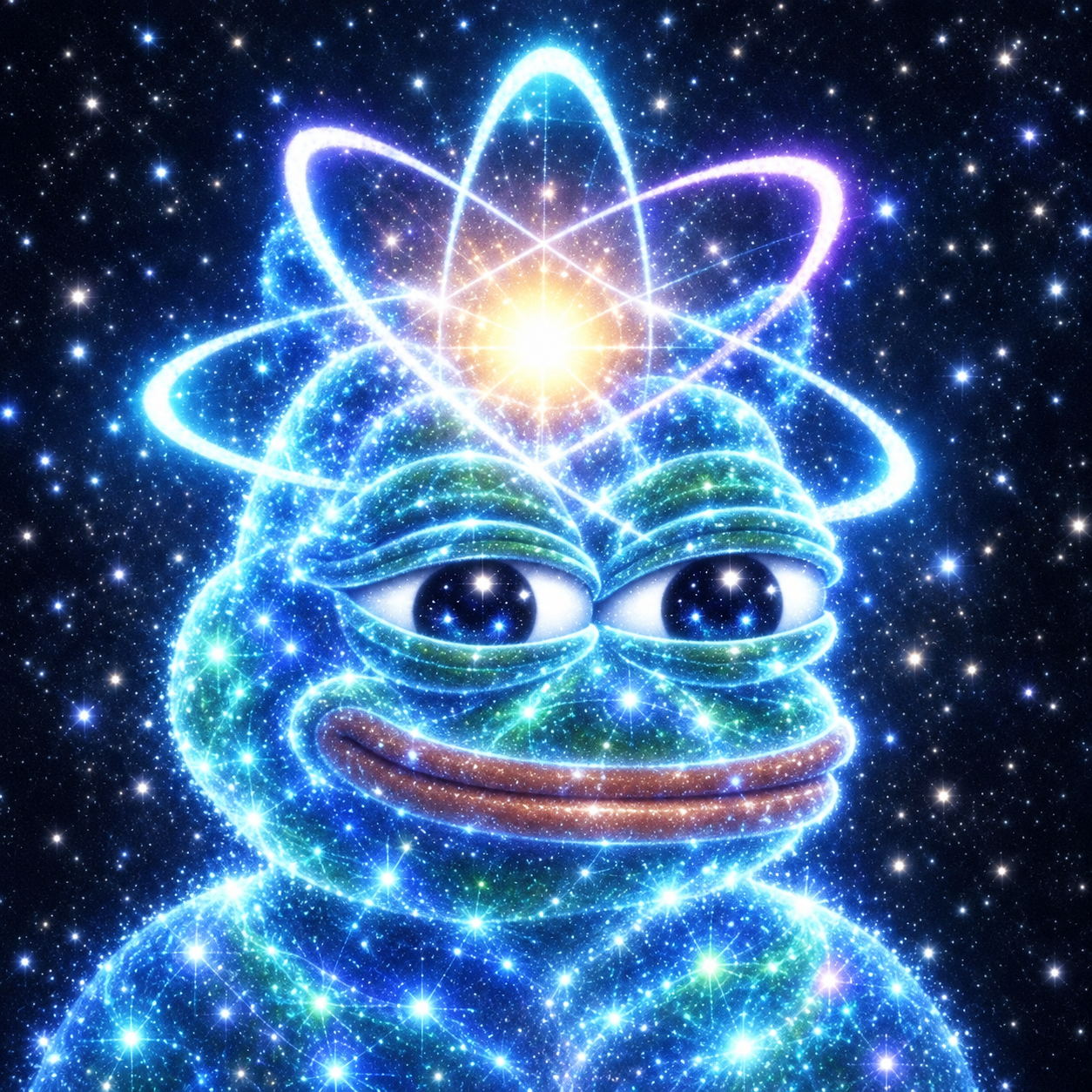Pepe made of blue glowing stars with luminous atomic orbits and a golden nucleus above his forehead