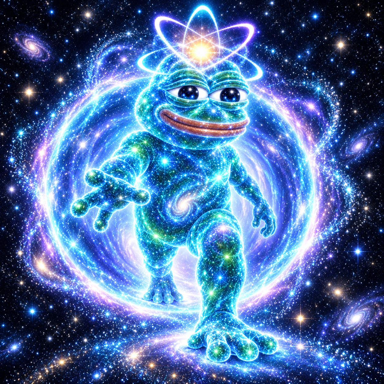 Cosmic Pepe stepping through a glowing cyan and lavender portal in space